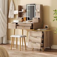 Coiffeuse avec miroir LED, 7 tiroirs, design cannelé, rangement pour bijoux et tabouret pour chambre à coucher