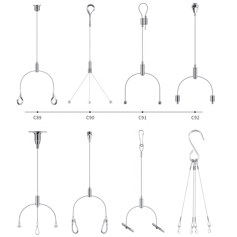 Grosir Gripper kabel suspensi langit-langit tali kawat baja kustom, Kit gantung berlapis nikel dengan kait, klip terkunci kawat, penjepit