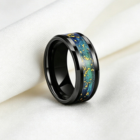 Bague de mariage tendance en tungstène 8 mm avec incrustation de sable bleu-vert et feuilles d'or, bord biseauté, ajustement confortable, pour homme et femme