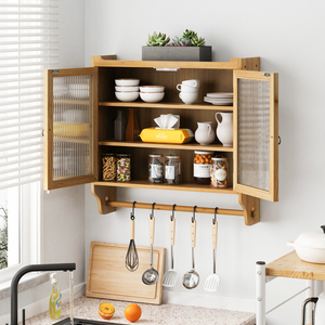 Glass Door Vintage Double Door Wall Cabinet 24.8 In With Three Tiers <b>Storage</b> Towel Rack <b>For</b> <b>Kitchen</b> Bathroom Dining - Product Image 4