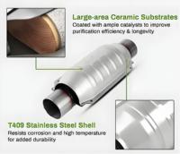 Convertidor Catalítico Ovalado Universal con Protector Térmico, Entrada de 2.5" y 2.25", Alto Flujo, 400 Celdas, Acero Inoxidable, Compatible con la Serie 410250