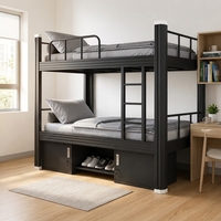 Lit superposé double en métal robuste contemporain avec escalier de rangement, gain de place pour dortoir adulte