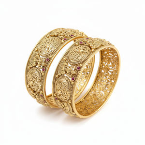 <b>Gold</b> Plated Openable Pota Stone Temple <b>Bangle</b> <b>Set</b> for Women | Traditional Ethnic Jewellery - Product Image 2