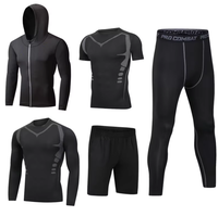 Ensemble de sport cinq pièces pour homme, couleur unie, séchage rapide, manches longues, en soie de lait, élasthanne et polyester, pour le fitness
