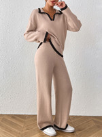 Ensemble deux pièces pour femmes en gros, pull à col polo à blocs de couleur avec pantalon de détente à jambes larges