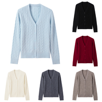 Damen 100% Wolle Zopfmuster V-Ausschnitt Strickjacke mit Knopfleiste Langarm Gerippte Strickware Oberbekleidung OEM-Hersteller