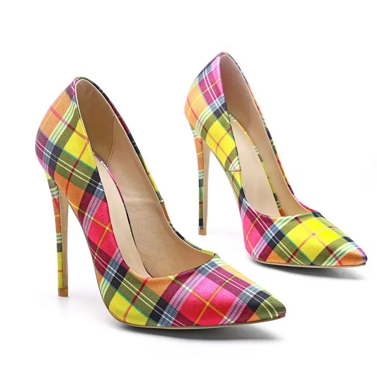 Wholesale stylish big size wide width womens pump shoes stiletto high heel plaid fabric ladies dress shoes