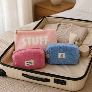 Teddy Fleece Cosmetic Storage Bag Set Custom Embroidery <b>Plush</b> Makeup Pouches Wholesale Travel Toiletry Organizer OEM ODM - Product Image 6