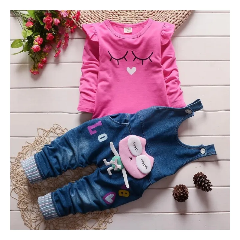 एमएस-423 थोक सस्ते कपड़े बच्चों की लड़कियों के सेट टी शर्ट टॉप+कार्टून जींस पैंट पतलून सेट बच्चों के कपड़े 1-3 साल की लड़कियों के लिए