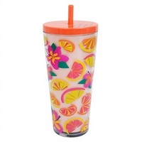 Gobelet isotherme Tritan à double paroi, motif floral, avec couvercle et paille, sans BPA, réutilisable pour les boissons froides en voyage