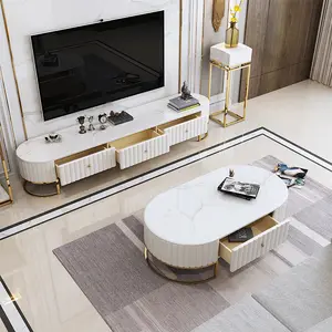 European Style Light Luxury Minimalist Microfiber Leather TV Cabinet With Rounded Marble Corners Thorny Edges For Living Room