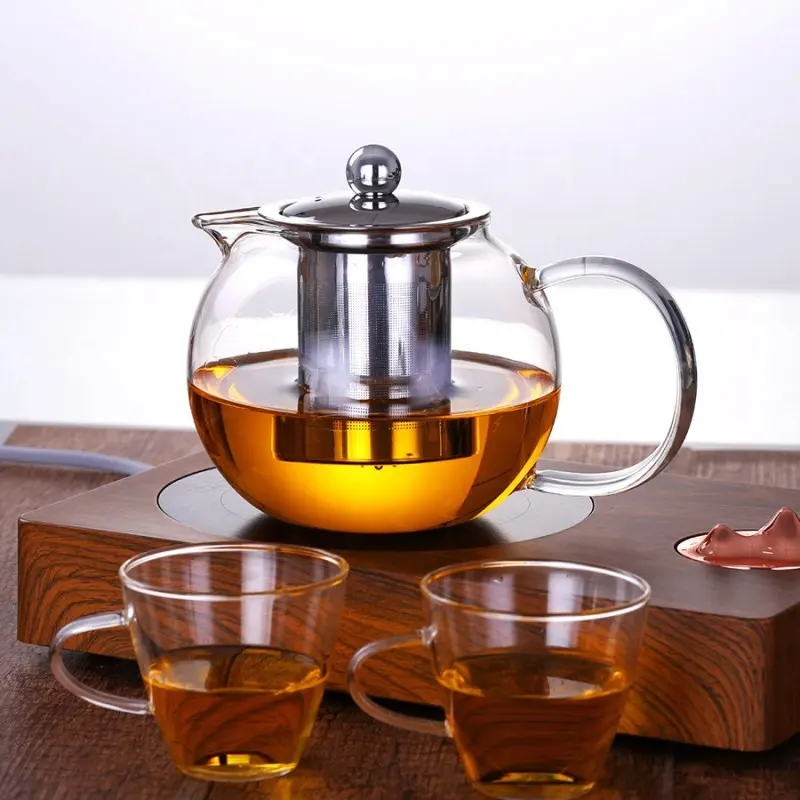 Round high borosilicate glass Heat resistant glass teapot with infuser