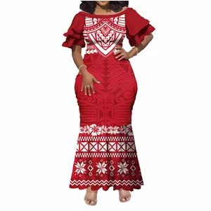 2024 Groothandel Custom Polynesische Tribale Print Lange Bodycon Fishtail Jurken Rode Bloemblad Mouw Maxi Zeemeermin Casual Jurken Vrouwen