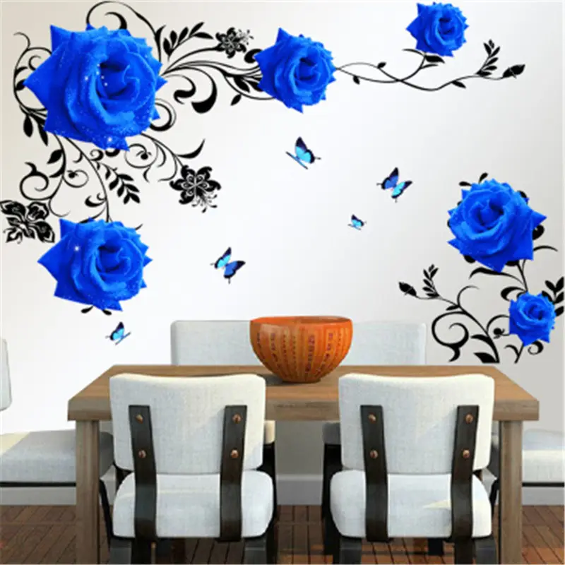 Pegatina de pared con hojas negras y mariposas azules, decoración moderna cálida para el hogar para dormitorio, TV, sofá, Mural de pared de fondo