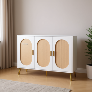 Meuble à chaussures FCH à 3 portes, cadre blanc, panneaux de particules, surface en rotin, design scandinave moderne, meubles de salon - Product Image 2