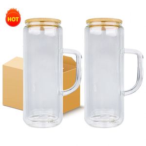 25PACKS 15oz 20oz Blank Sublimation <b>Double</b> <b>Wall</b> Snow Globe Glass <b>Mugs</b> with Bamboo Lid Straw for Iced Coffee Soda - Product Image 3