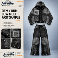Ensemble sweat à capuche et jean large gris et noir pour homme, style streetwear, avec motif lignes abstraites et détails rivets OEM ODM