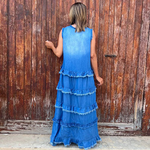 Vestidos de mezclilla de verano para mujer, de color sólido, con cuello en V, a la moda, con diseño de empalme. - Product Image 5