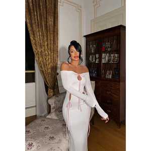 <b>White</b> <b>Tie</b>-Up Long Evening Dress - Product Image 1