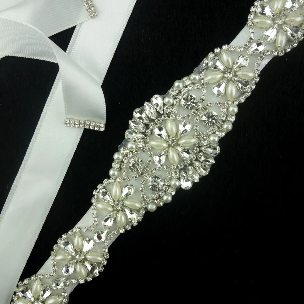 Romantic white pearl and crystal wedding dress sash belt rhinestone trims for women evening dress wedding party