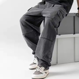 Wholesale Custom Men's High Waist Vintage Baggy Cargo <b>Jeans</b> Street Fashion Multi-Pocket <b>Work</b> Denim Straight Style Washed Look - Product Image 1