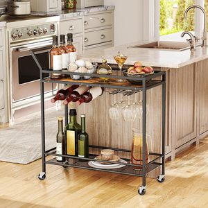 Casier à vin de cuisine à 2 niveaux en métal brun noir rustique moderne chariot de service rails de protection roues pour la maison bar salle à manger hôtel salon - Product Image 3