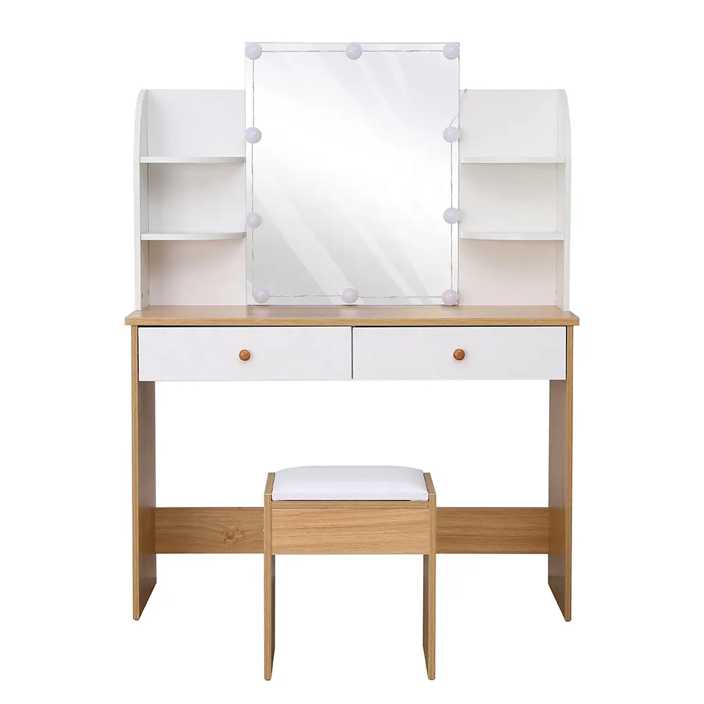 Led Lights Removable Top Organizer Multi-Functional Vanity Dressing Table Set with Makeup Mirror and stool