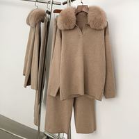Ensemble de vêtements en tricot pour femmes, élégant et décontracté, en tricot doux, col en fourrure de renard véritable, pull chaud d'automne, pull décontracté