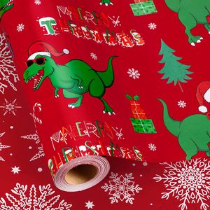 Dinosaur Christmas Wrapping Paper Roll 17 Inch X 33 Feet Double Side Reversible Gift Wrap For Kids Holiday Crafting - Product Image 1