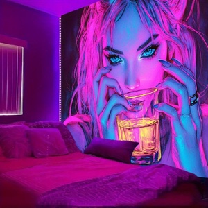 VIKAMA <span class=keywords><strong>Tapisserie</strong></span> Cyberpunk Neon Girl 100% Polyester Non-tissé Rose Bleu Contraste Décoration Murale Salon Chambre Salle de Jeu Bar - Product Image 3