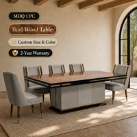Ensemble de table à manger en bois de burl moderne et luxueux, table rectangulaire 8 places avec chaises à base capitonnée et pieds en métal pour la maison et l'hôtel
