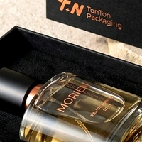 Boîte à parfum rigide noire de luxe sur mesure, deux pièces, avec couvercle amovible, présentation horizontale de la bouteille, pour emballage de parfum personnalisé