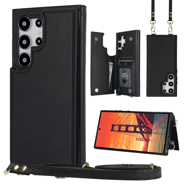 Crossbody Wallet Case for Samsung S24 Plus Adjustable Detachable Lanyard Strap Leather Cover S24 Ultra Card Holder Phone Holster