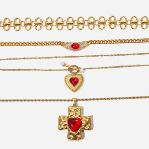 European Style Red Agate <b>Cross</b> Necklace Gold <b>Chain</b> Heart Pendant Daily Wear Gift Jewelry - Product Image 1