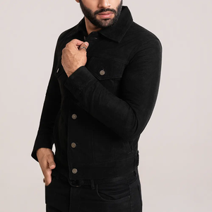 Veste en cuir suédé noir pour homme avec col montant, design réversible, doublure en coton - Style vintage classique, prêt pour l'hiver - Product Image 3