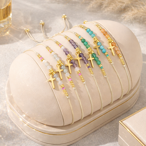 สร้อยข้อมือแบบไขว้ชุบทองสร้อยข้อมือลูกปัดหินธรรมชาติสำหรับผู้หญิงเครื่องประดับแฟชั่นทางศาสนา - Product Image 1