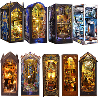 Kit d'insertion d'étagère de coin livre DIY 3D Puzzle en bois Maison de poupée Assemblage Modèle Serre-livres avec meubles Lumière LED Cadeaux de Noël