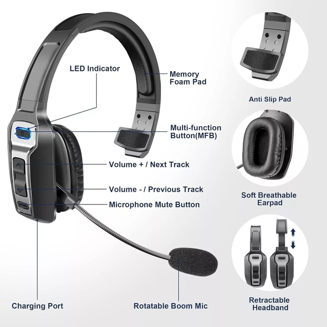 Wireless for 5.2 Over-Ear Headphone Noise Cancelling Mic IPX-2 Waterproof Compatible Phones for Call Center/Office/Trucker