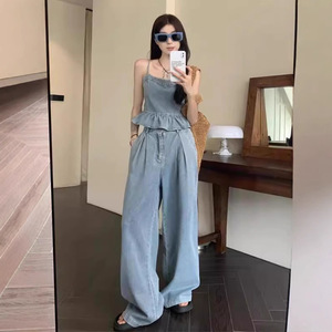Ensemble deux pièces en jean pour femme : débardeur court et pantalon large, tenue décontractée respirante pour l'été, motif imprimé SAND WASH - Product Image 4