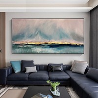 Peinture à l'huile sur toile abstraite de paysage de montagne bleue, personnalisable, grand format, avec cadre sur mesure, dorure à la feuille d'or et peinture à la main de luxe