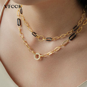 VFOOK Luxe Zwarte Keramische Zirkoon Hangketting, Aanslagbestendig, Elegant, 18K Echt Goud Geïmpregneerde Ketting voor Gala-avonden - Product Image 3