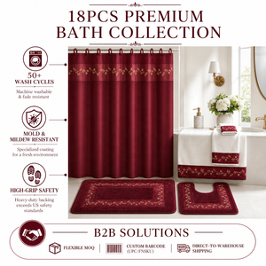 Elegante Set Decorativo per <span class=keywords><strong>Bagno</strong></span>, Collezione 18 Pezzi, Ricamo a Foglie Dorate, Tenda Impermeabile, Set Tappeti Antiscivolo - Product Image 3