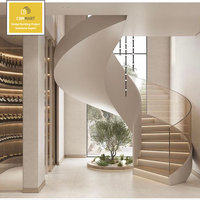 CBMmart Balustrade d'escalier classique en métal avec marches en bois massif courbées et garde-corps en verre