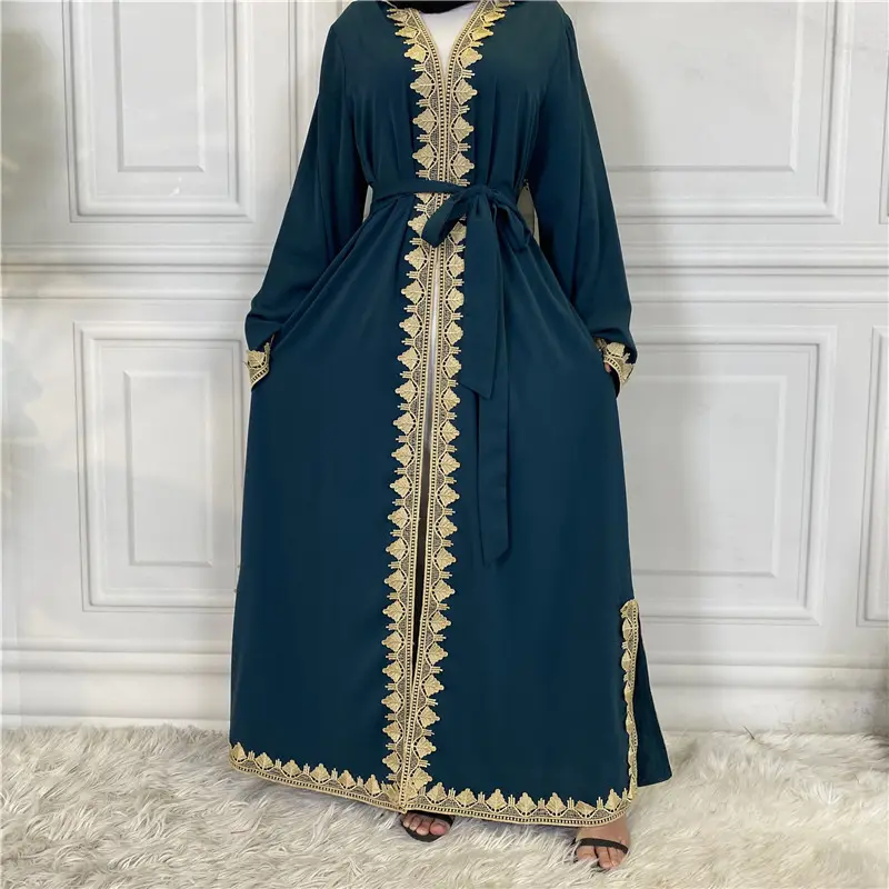 Women Summer Latest Embroidery Black Muslim Long Dress New Designer Front Open Islamic Abaya Cardigan Dress