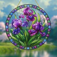 Attrape-soleil 2D en acrylique, imprimé UV, gravé au laser, motif floral rétro cercle parfait, style vitrail, ornement suspendu pour fenêtre