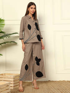 Ensemble 2 pièces élégant en coton pour femme, motif floral, col rabattu, longueur cheville, manches trois-quarts, idéal pour l'été - Product Image 6