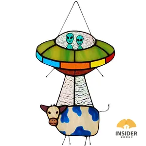 UFO Alien Cow Pendant Ornaments,Painted UFO Pendant, Alien and Cow Stained Glass Window Panel for Home Decoration