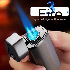 Factory Direct Cross-Border Button Wind dichtes Feuerzeug mit drei Flush Cigar Puncher Batterie anzeige zum Rauchen - Product Image 3