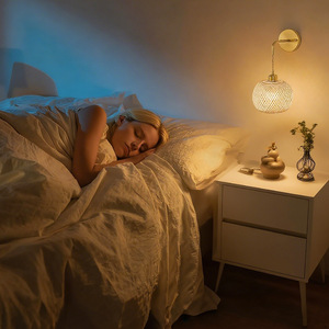 Lampe murale en bambou de style asiatique, E27 LED, abat-jour ambré, à fixer au mur, pour salon, chambre, hôtel - Product Image 2