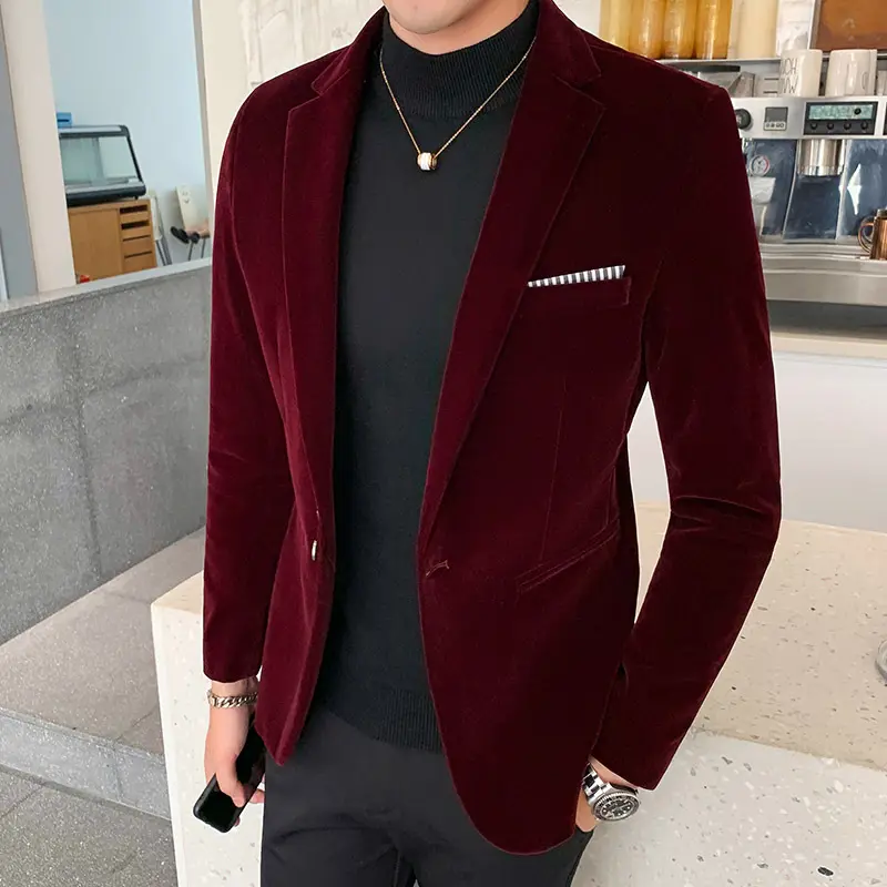 Jaket Blazer Beludru untuk Pria, Mantel Gaun Pernikahan Musim Gugur Bahan Beludru, Jaket Blazer Kasual Modis, Kostum Blazer Bisnis untuk Pria Ukuran M ~ 5XL